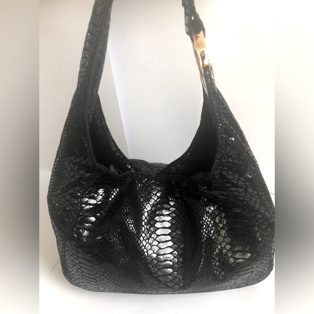 MICHAEL KORS Hobo Bag Black Shiny Snakeskin Design with Gold Hardware